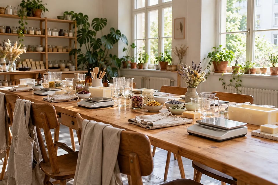 Vorbereiteter Werkraum mit langem Tisch und Schürzen